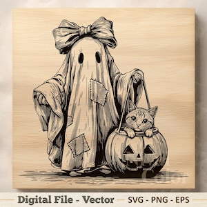 May include: A black and white line art illustration of a ghost wearing a large bow on its head and a sheet with patches. The ghost holds a jack-o'-lantern pumpkin containing a small kitten. The text below reads Digital File - Vector SVG - PNG - EPS.