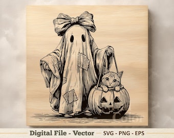 ハロウィンの幽霊猫のベクターイラストSVG – トリックトリートパンプキンの線画PNG - レーザー彫刻クリップアート – デジタルダウンロード