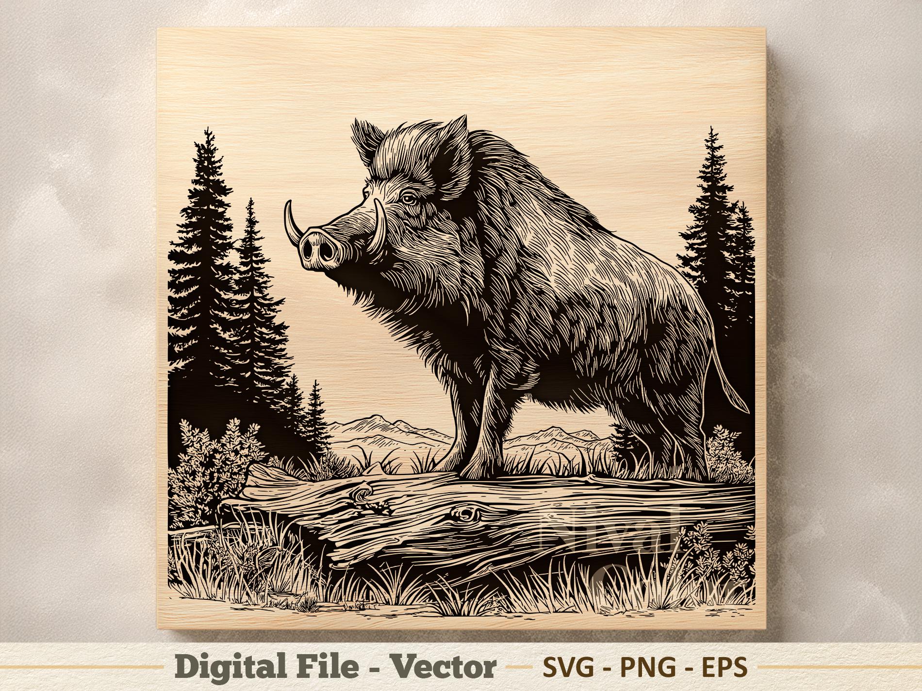 Wild Boar Vector Illustration SVG – Boar Line Art PNG - Laser Engraving ...