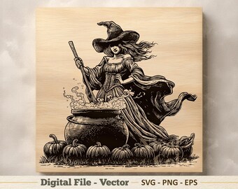 魔女のハロウィンベクターイラストSVG – ジャック・オー・ランタンの線画PNG - レーザー彫刻クリップアート – デジタルダウンロード