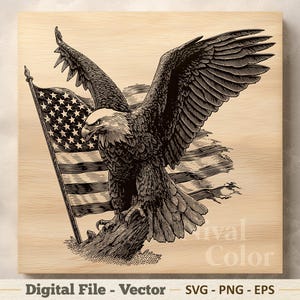 Könnte beinhalten: Schwarz-Weiß-Illustration eines Weißkopfseeadlers mit ausgebreiteten Flügeln, der auf einem Baumstumpf sitzt, mit der amerikanischen Flagge im Hintergrund. Das Bild befindet sich auf einem hellen Holzmaserungshintergrund. Der Text unten lautet "Digital File - Vector - SVG - PNG - EPS."