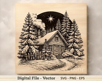Ilustração vetorial de cabana de Natal em SVG – Arte linear de casa de inverno nevada em PNG – Clipart para gravação a laser – Download digital