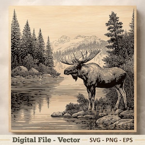 Moose Vector Illustration SVG – Lake Wildlife Line Art PNG - Laser Engraving Clipart – Digital Download