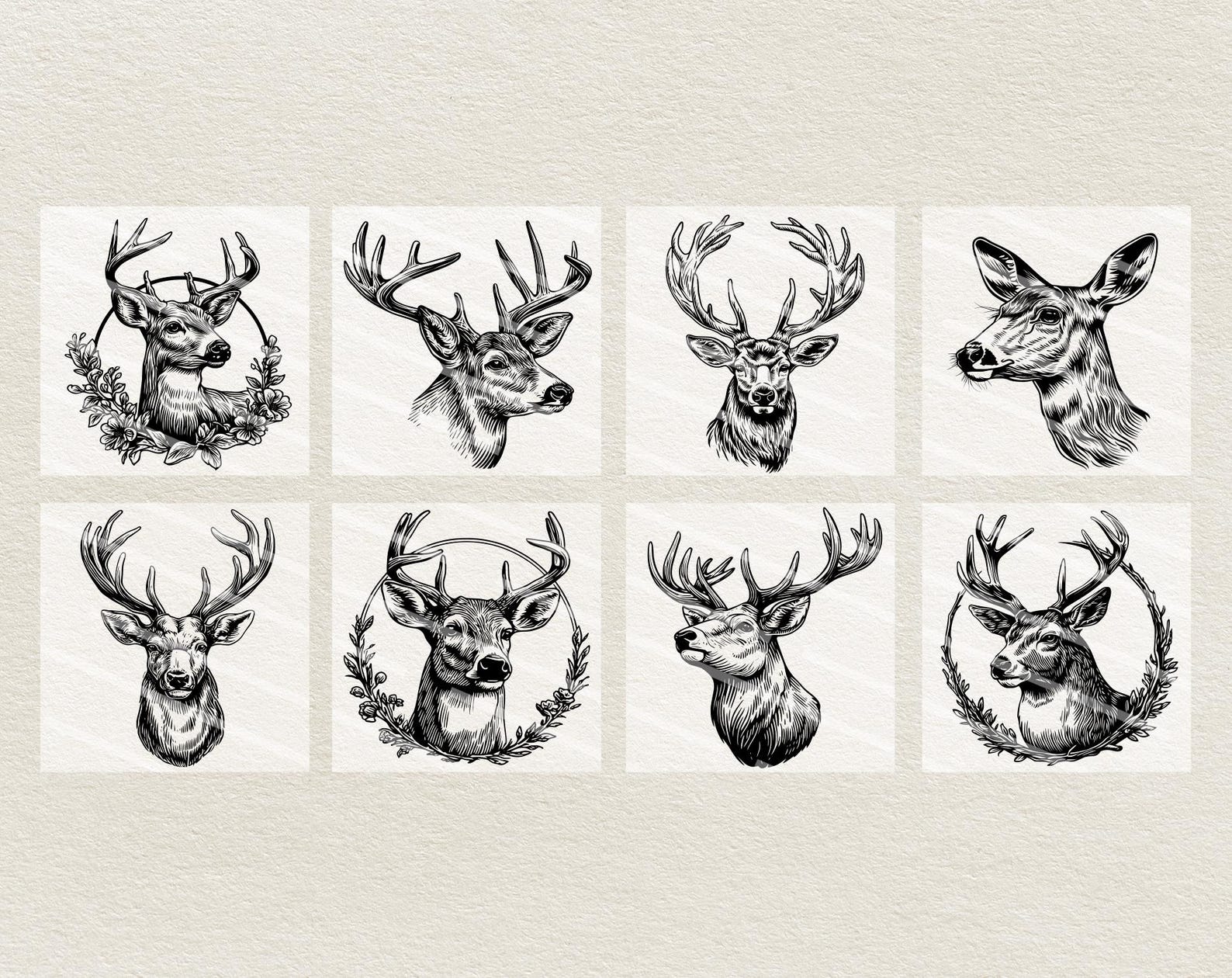 Vector Deer Portraits Clipart - Line Art Digital Illustration - Buck ...