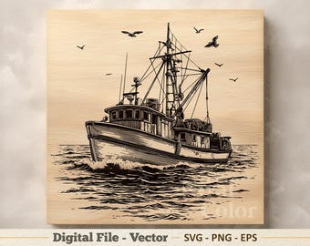 Vissersboot vectorillustratie SVG – schip zeer fijne tekeningen png – lasergravure clipart – digitale download