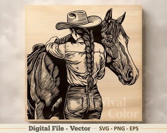 May include: A black and white vector illustration on a wood grain background depicting a person wearing a cowboy hat and jeans with a long braided hairstyle, embracing a horse. The text reads Nival Color, Digital File - Vector, SVG - PNG - EPS.