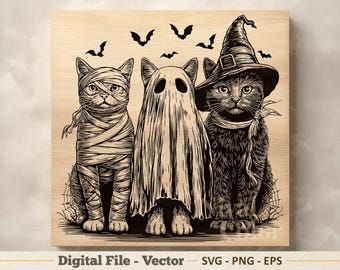 Ilustración vectorial SVG de gatos de Halloween – Arte lineal PNG de bruja, fantasma y momia – Imágenes prediseñadas para grabado láser – Descarga digital