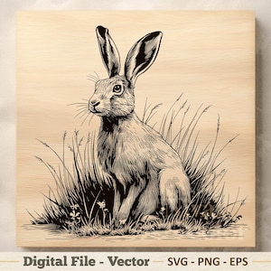 May include: A black and white illustration of a hare sitting in tall grass, printed on a light wood-grain background. The hare has long ears and is looking to the left. The words "Digital File - Vector" are at the bottom.