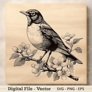 May include: Black and white illustration of a bird perched on a flowering branch. The bird is detailed with shading, and the flowers are in full bloom. The image is on a light wood-grain background. Text at the bottom reads "Digital File - Vector - SVG - PNG - EPS".