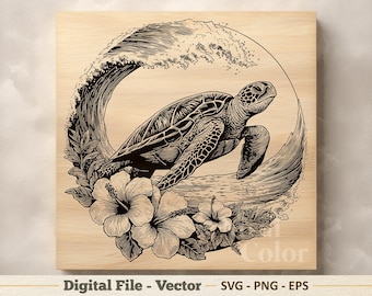 ウミガメのベクターイラストSVG – 海の波の線画PNG – レーザー彫刻クリップアート – デジタルダウンロード