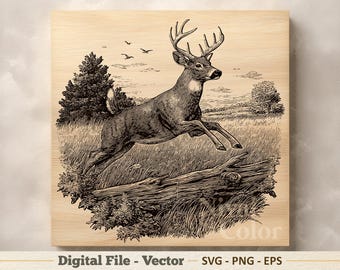 Deer Vector Illustration SVG – Jumping Buck Line Art PNG - Laser Engraving Clipart – Digital Download