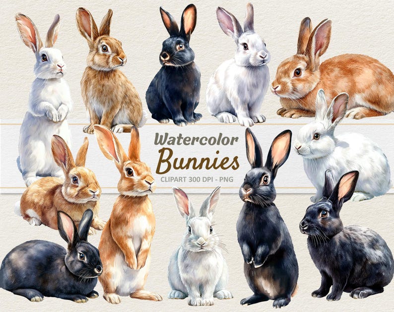 Op de afbeelding: Waterverf illustraties van 10 konijnen in verschillende poses. De konijnen zijn in tinten bruin, wit, zwart en oranje. De tekst "Watercolor Bunnies" staat in het zwart bovenaan de afbeelding.