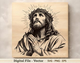 Jesus Praying Vector Illustration SVG – Christ Line Art PNG - Religious Engraving Clipart – Digital Download