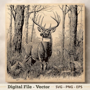 Deer Vector Illustration SVG – Woodland Buck Line Art PNG EPS - Laser Engraving Cutting Boards - Sublimination Clipart – Digital Download
