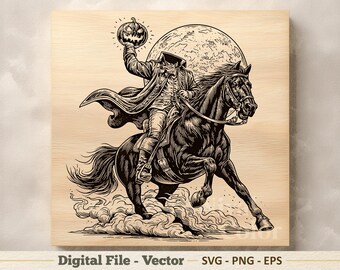 Headless Horseman Vector Illustration SVG – Pumpkin Rider Line Art PNG - Engraving Clipart – Digital Download