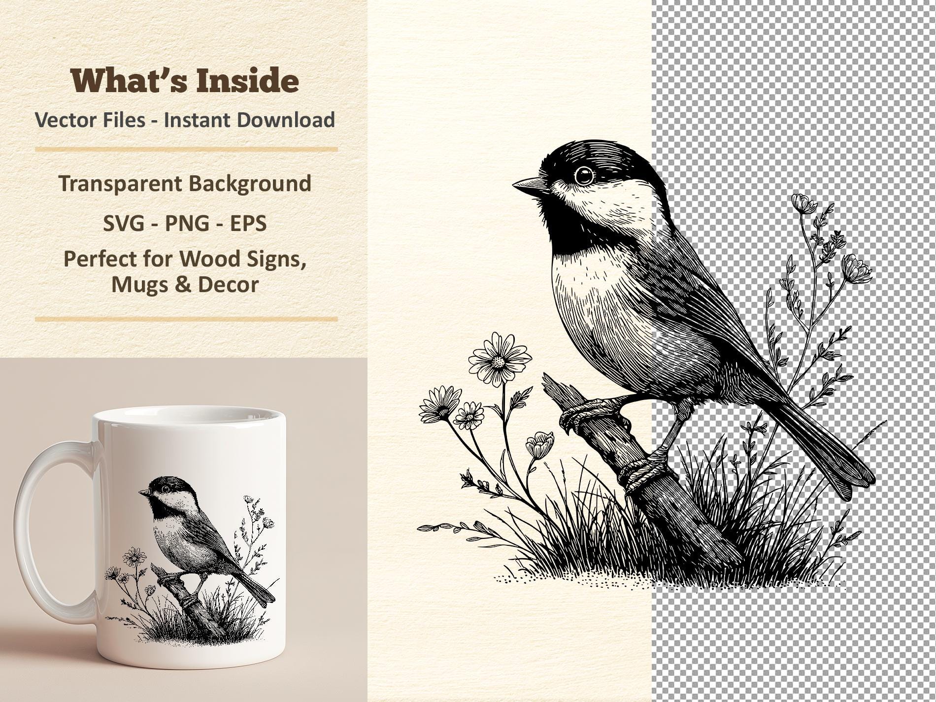 Black Capped Chickadee Vector Illustration SVG – Line Art PNG - Laser ...