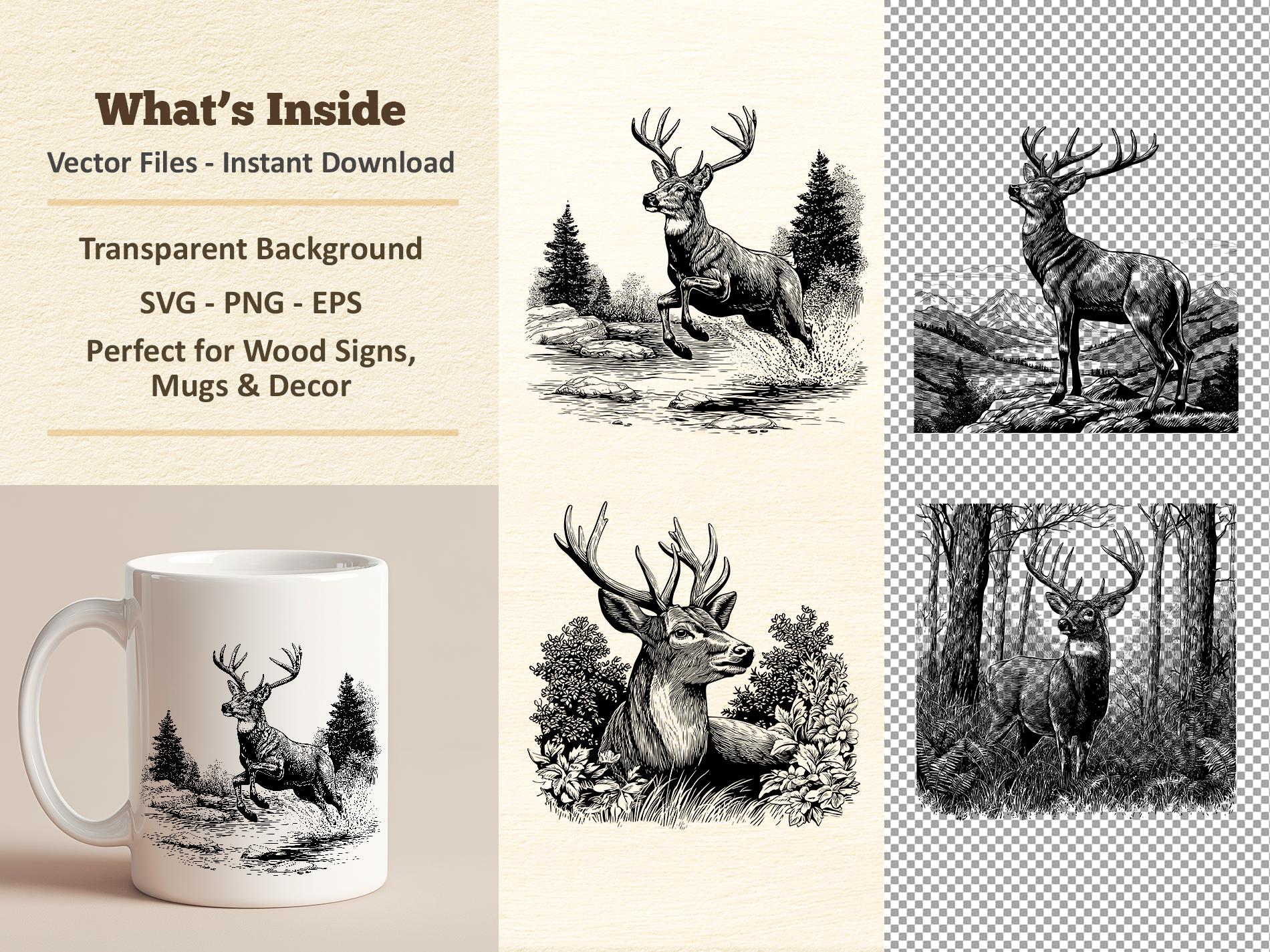 Deer Vector Illustration SVG – Woodland Buck Line Art PNG - Laser ...