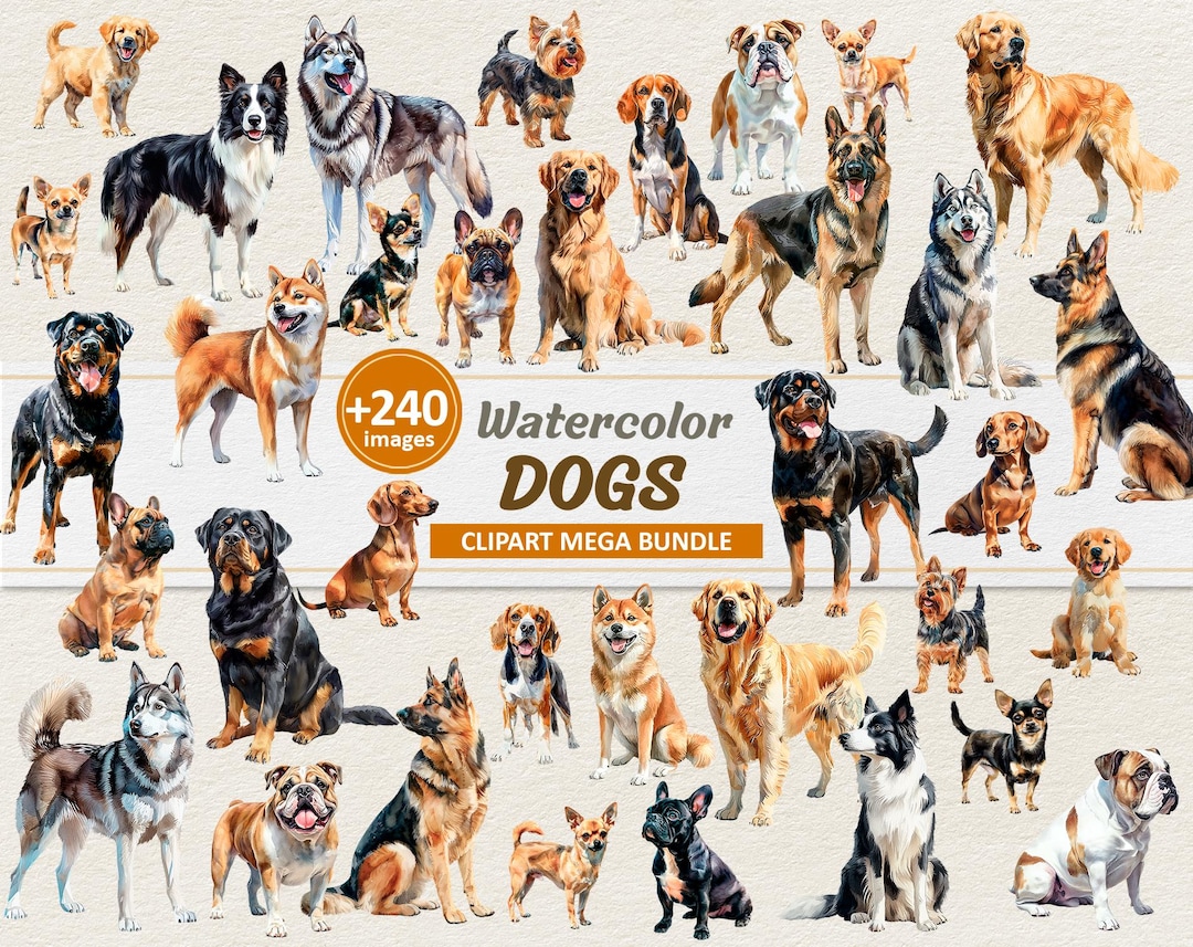 Watercolor Dog Bundle Clipart - Digital Puppy Illustration - Pet Breeds ...