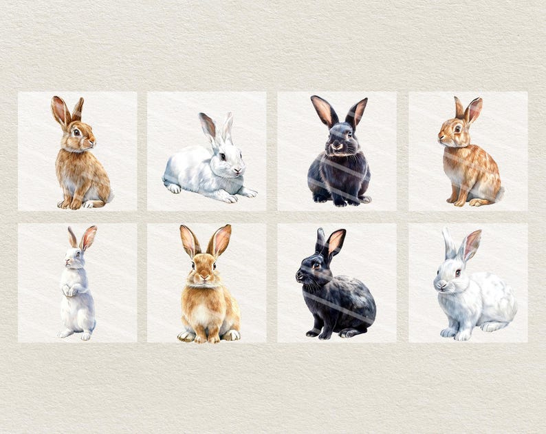 Op de afbeelding: Een set van tien aquarel illustraties van konijnen in verschillende poses. De konijnen zijn afgebeeld in verschillende kleuren, waaronder wit, bruin, zwart en grijs. De illustraties zijn perfect voor gebruik in scrapbooking, kaart maken of andere knutselprojecten.