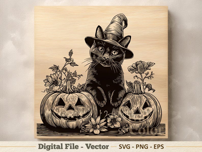 Halloween Cat Vector Illustration SVG – Witch Pumpkin Line Art PNG ...