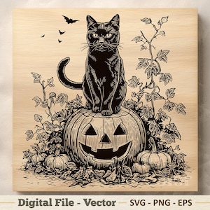 May include: A black cat sitting on a carved jack-o'-lantern pumpkin surrounded by vines and leaves, with three bats flying in the background. The image includes the text Digital File - Vector SVG - PNG - EPS at the bottom of the design.