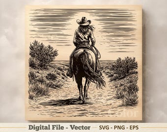 Ilustración vectorial SVG de vaquera a caballo – Dibujo lineal PNG de jinete western – Imágenes prediseñadas para grabado – Descarga digital