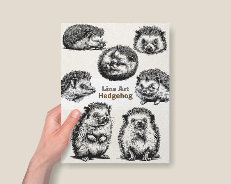 May include: A print featuring detailed line art illustrations of hedgehogs in various poses. The artwork is in black and white, with the text "Line Art Hedgehog" displayed on the print. The print is held by a person.