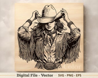 Ilustración vectorial SVG de retrato de vaquera – Arte lineal PNG de mujer del oeste – Imágenes prediseñadas para grabado – Descarga digital