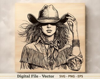 Ilustración vectorial SVG de retrato de vaquera – Arte lineal PNG de mujer del oeste – Imágenes prediseñadas para grabado – Descarga digital