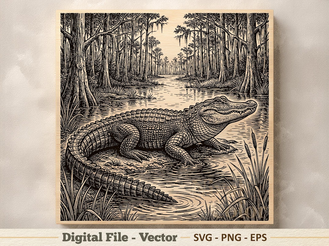 Alligator Vector Illustration SVG – Swamp Gator Line Art PNG - Laser ...