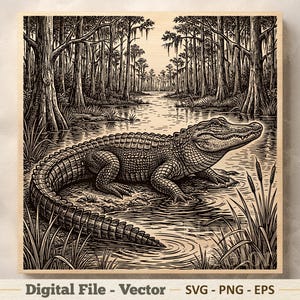May include: Black and white illustration of an alligator in a swamp scene. The artwork features detailed linework, depicting the alligator in the water with trees in the background. The text "Digital File - Vector" is at the bottom.
