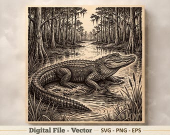 Alligator vectorillustratie SVG – moerasgator lijntekeningen png – lasergravure clipart – digitale download
