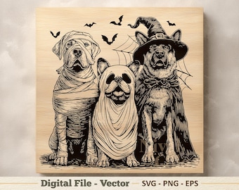 Halloween Dogs Vector Illustration SVG – Ghost Witch Mummy Line Art PNG - Laser Engraving Clipart – Digital Download