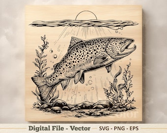 ブラウントラウトのベクターイラストSVG – 魚の線画PNG – 釣り彫刻クリップアート – デジタルダウンロード