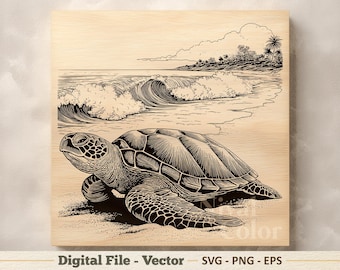 Ilustración vectorial de tortuga marina en formato SVG – Arte lineal costero oceánico en formato PNG – Imágenes prediseñadas para grabado láser – Descarga digital