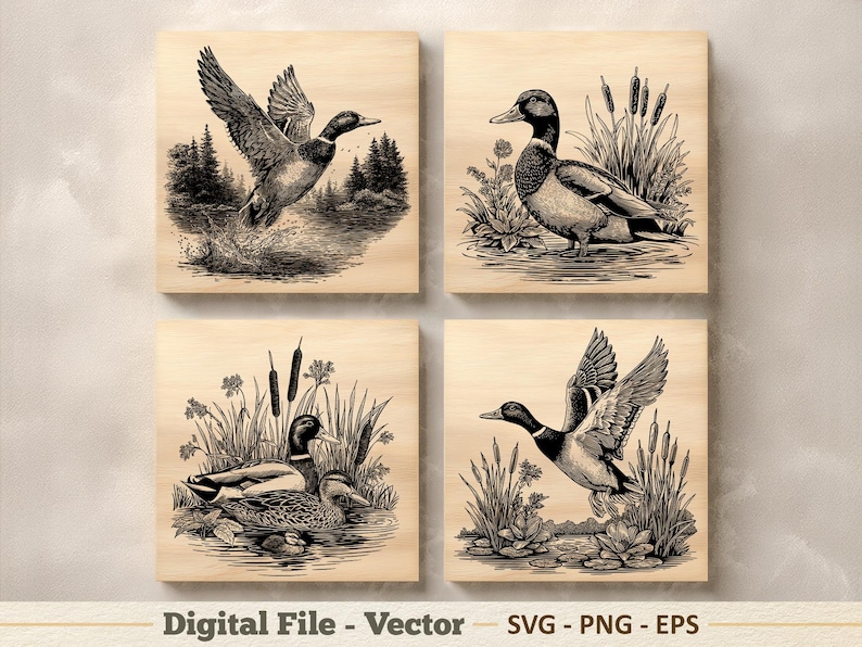 Mallard Duck Vector Illustration SVG – Line Art Wild Duck PNG - Laser ...