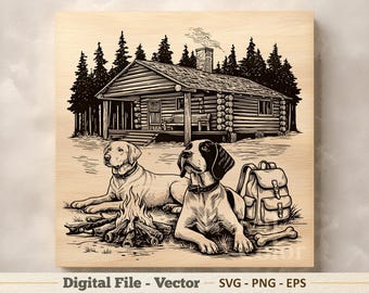 Ilustración vectorial SVG de una cabaña con perros de caza – Arte lineal PNG de caza – Imágenes prediseñadas para grabado – Descarga digital
