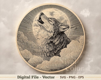 Wolf Vector Illustration SVG – Howling Moon Line Art PNG - Laser Engraving Clipart – Digital Download