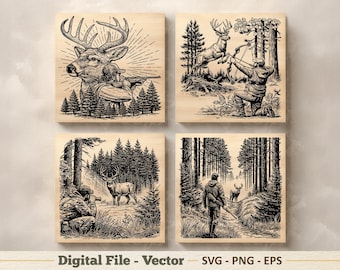 Hertenjacht illustratie vector SVG – Buck Hunter lijntekeningen PNG – gravure clipart – digitale download