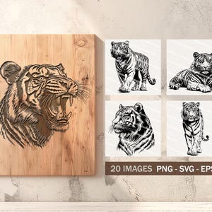 Puede incluir: Un conjunto de 20 im&aacute;genes digitales que presentan una ilustraci&oacute;n en blanco y negro de un tigre en varias poses. Las im&aacute;genes est&aacute;n disponibles en formatos PNG, SVG y EPS.