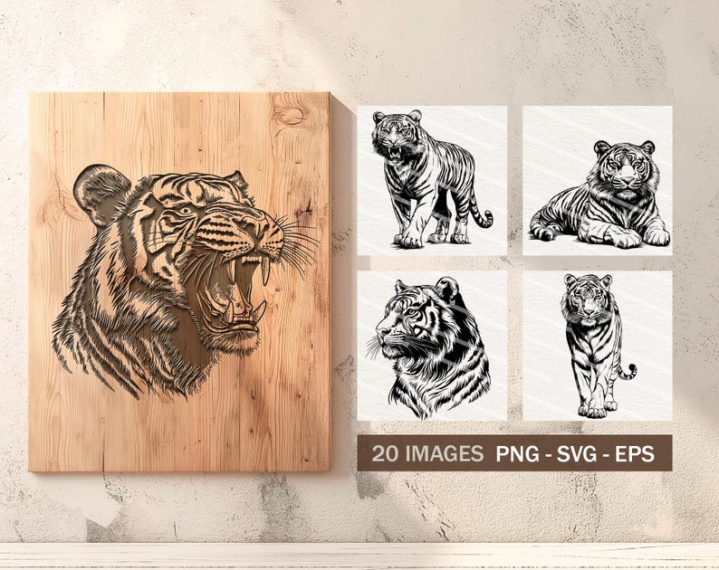 Puede incluir: Un conjunto de 20 im&aacute;genes digitales que presentan una ilustraci&oacute;n en blanco y negro de un tigre en varias poses. Las im&aacute;genes est&aacute;n disponibles en formatos PNG, SVG y EPS.