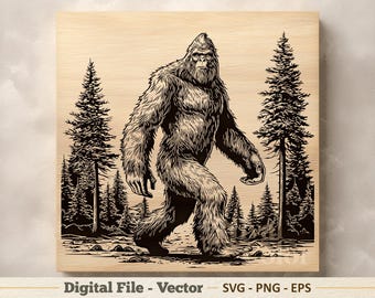 Ilustración vectorial de Bigfoot en formato SVG – Dibujo lineal de Sasquatch en formato PNG – Imágenes prediseñadas para grabado láser – Descarga digital