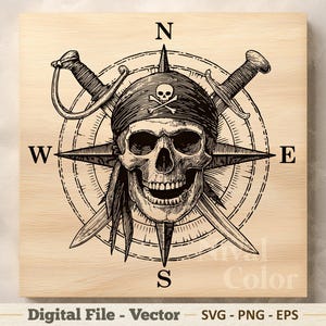May include: A black and white vector illustration of a human skull wearing a bandana with a small skull and crossbones emblem, positioned over two crossed swords and a compass rose background with the letters N, S, E, and W at the cardinal points.