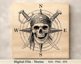 Tête de mort pirate Vector Illustration SVG - dessin au trait boussole nautique PNG - Clipart gravure laser - téléchargement numérique