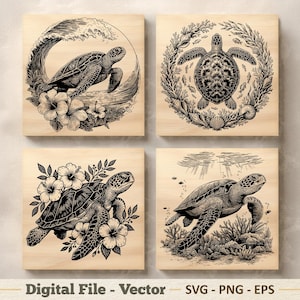 May include: Four square wooden panels featuring black and white sea turtle illustrations. One shows a turtle in a wave with flowers, another a turtle in a wreath, and the others show turtles with coral and flowers.