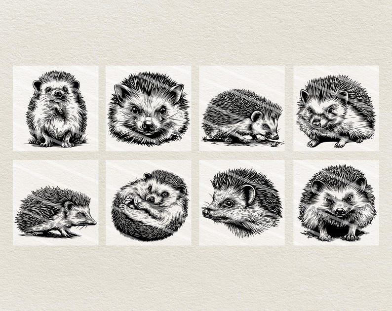 May include: A collection of eight black and white illustrations of hedgehogs in various poses. The drawings showcase the spiky texture and facial features of the animals, with varying perspectives and compositions.