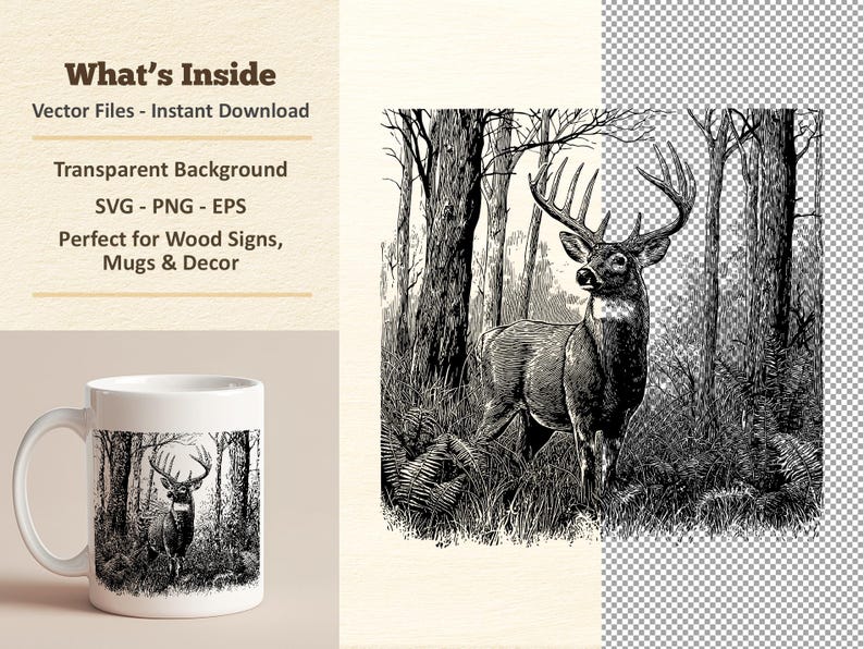 Deer Vector Illustration SVG – Woodland Buck Line Art PNG - Laser ...