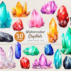 Watercolor Crystals Clipart - Digital Illustration Gems - Gemstone Crystal PNG - Commercial Use