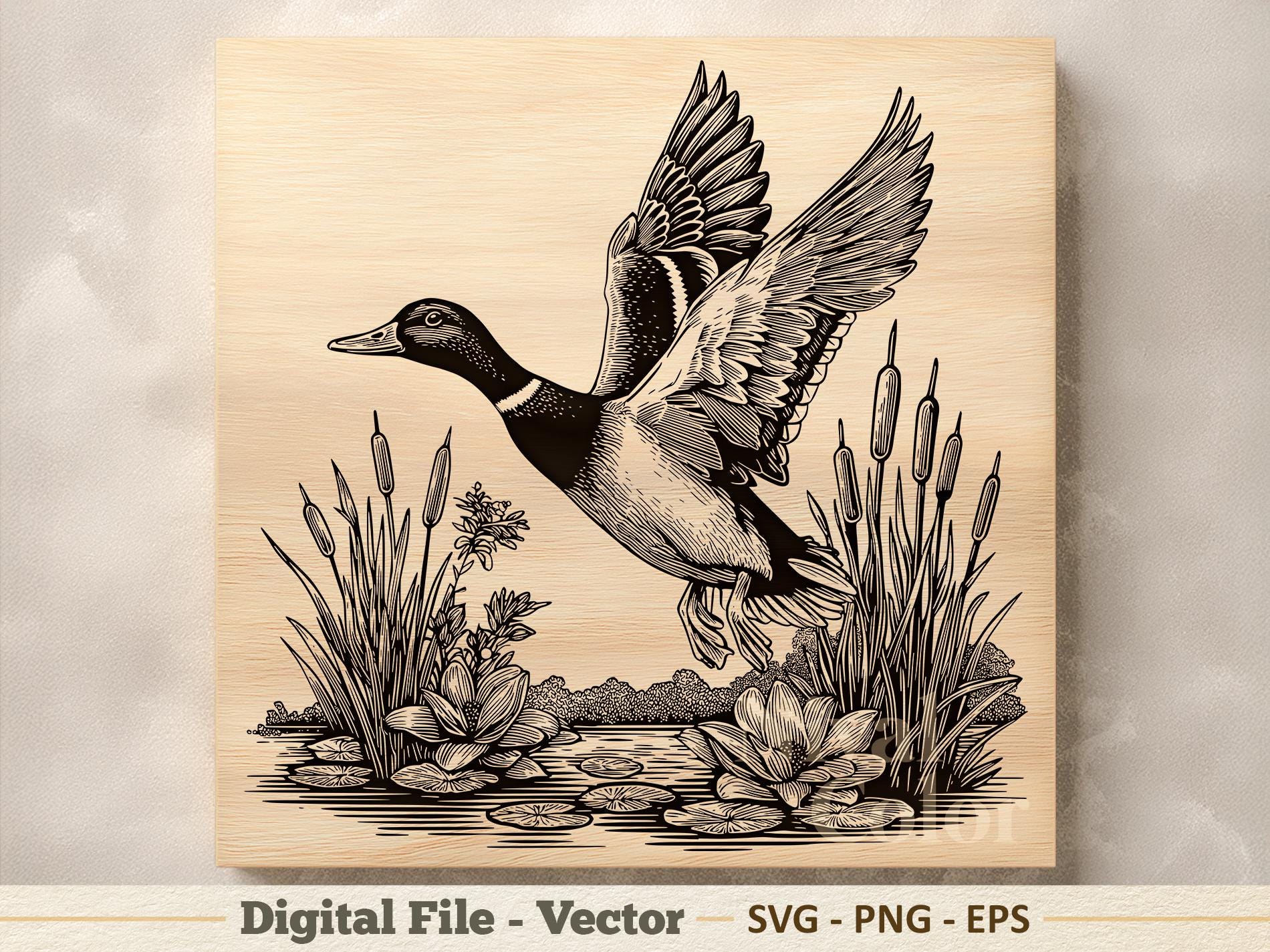 Mallard Duck Vector Illustration SVG – Line Art Wild Duck PNG - Laser ...