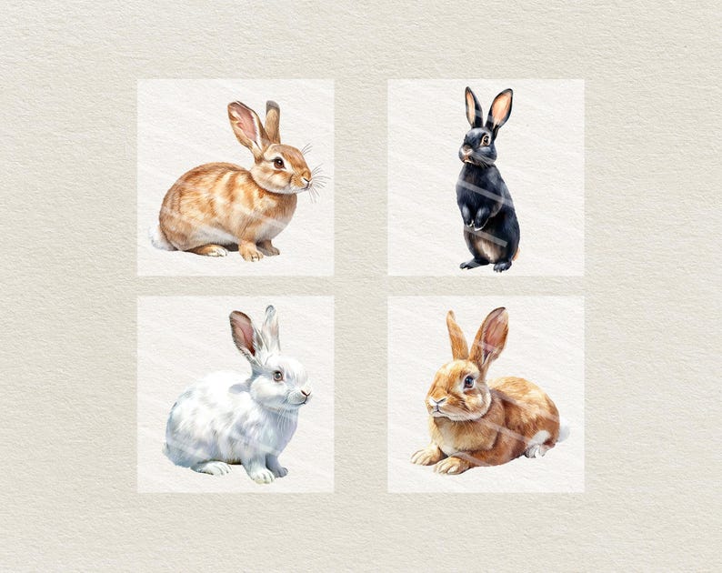 Op de afbeelding: Vier aquarel schilderijen van konijnen. Het eerste konijn is bruin en wit met lange oren. Het tweede konijn is zwart met lange oren. Het derde konijn is wit met lange oren. Het vierde konijn is bruin met lange oren.